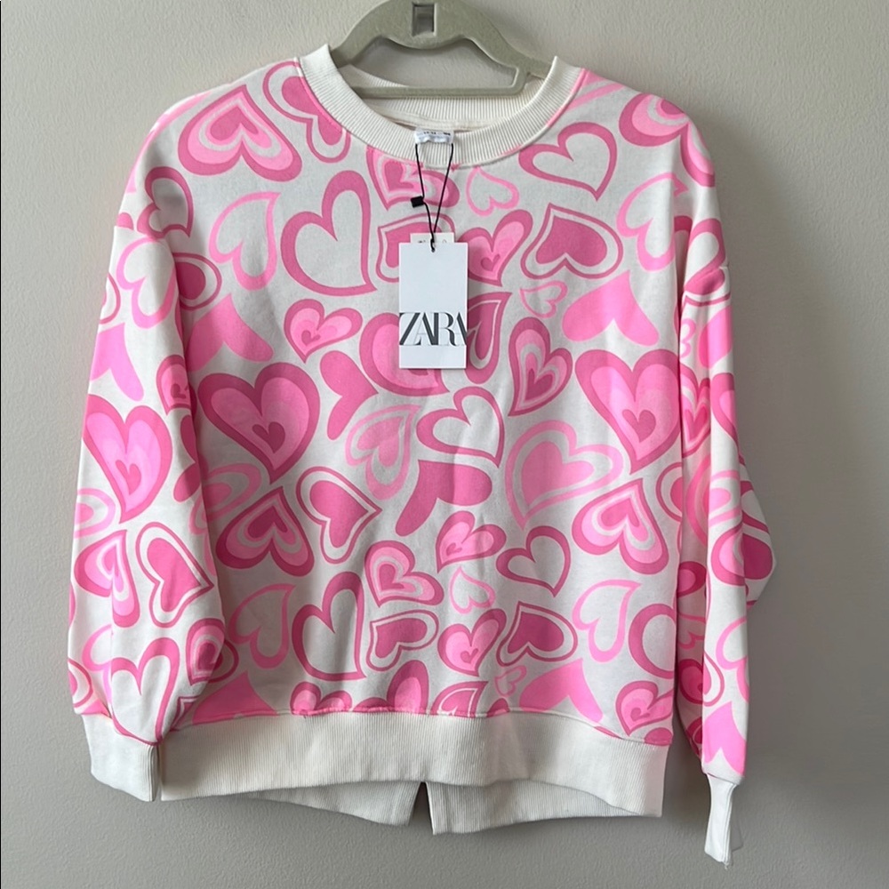 Zara Heart Print Sweatshirt Kids Girls 13-14‎ Years Long Sleeve Pink Cream New